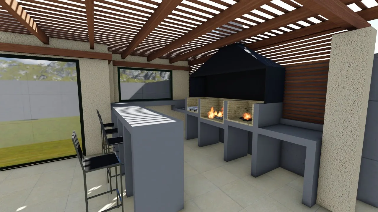 Render de quincho y terraza con diseño 3D y propuesta arquitectónica