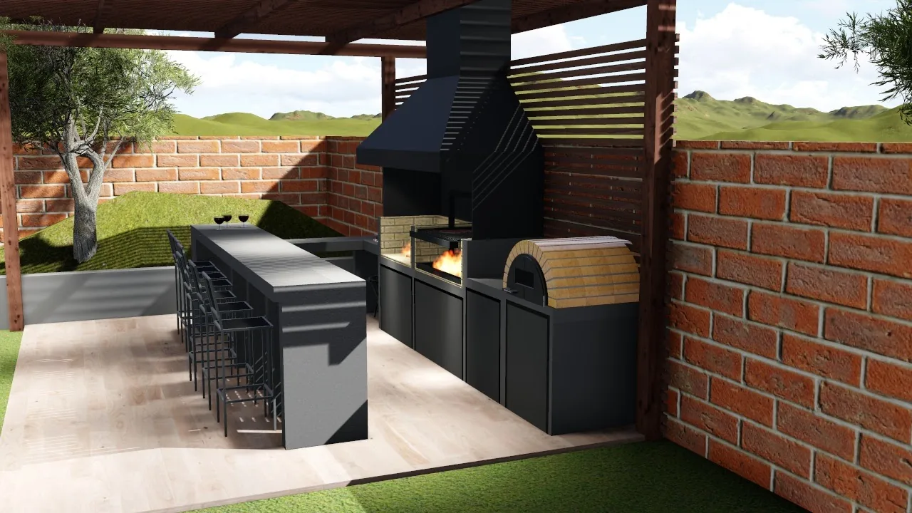 Render de diseño 3D de quincho y terraza con propuesta arquitectónica