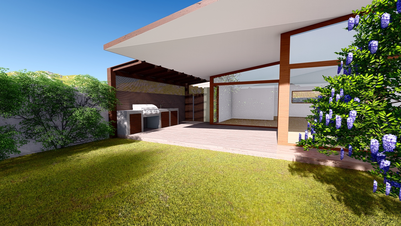 Terraza clásica en Chicureo con deck cumarú e iluminación cálida